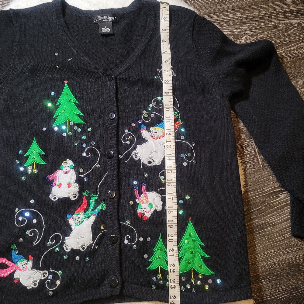 Vintage Festive Polar Bears Sweater Cotton Ramie Cardigan In Black Sz L - Picture 5 of 5